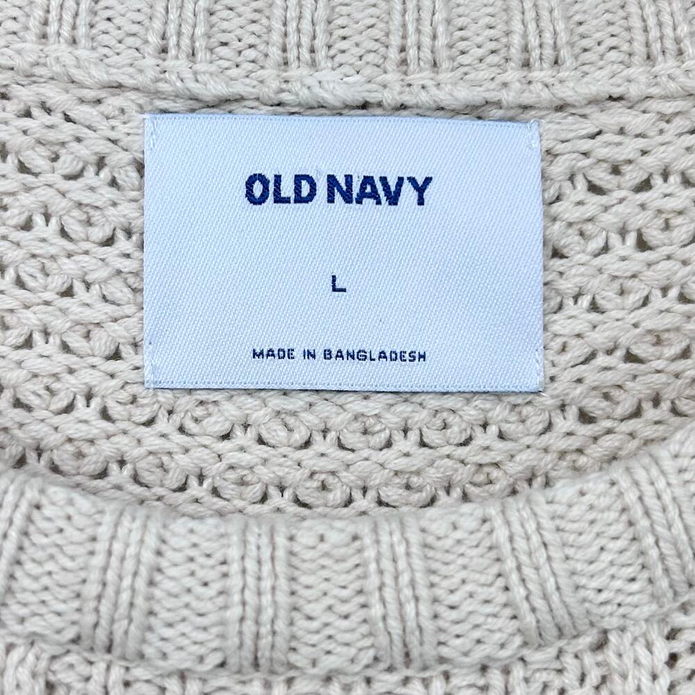 Old Navy Men's 100% Cotton Cable Knit Fishermen Cream Crewneck Sweater LARGE - Picture 5 of 8